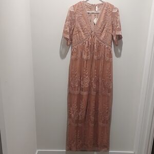 Women's Maternity Dusty Rose Color Sheer Floral Embroidered V-Neck Maxi Dress